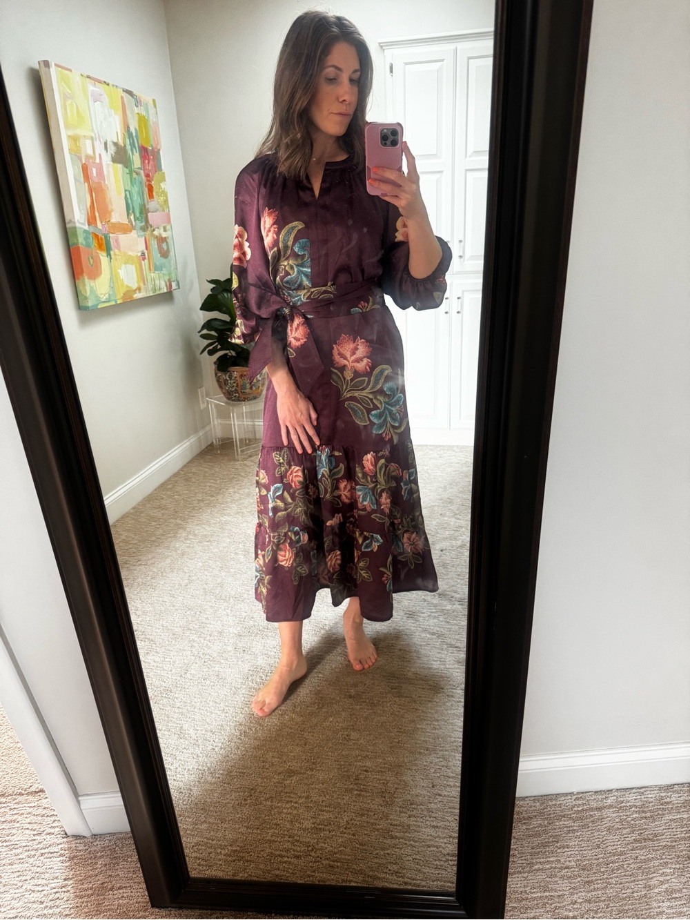 Tuckernuck Burgundy Floral Midi Dress with Tie Waist - Picture 3 of 6